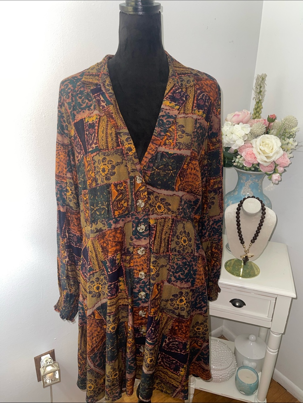 Natural Life Boho Patchwork Brown  Button-Front Midi Dress
